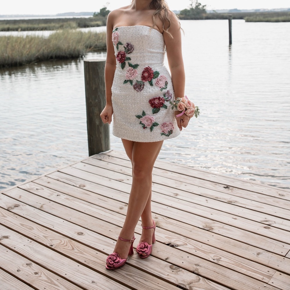 Elegant Strapless Floral Dress in White and Pink-Helsi Frida
